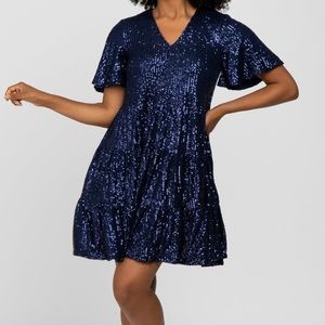 Pink Blush Navy Blue Sequin Tiered Dress